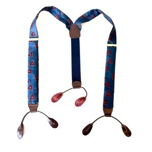 Vtg CAS Germany Suspenders Elastic Navy Blue Red with Brown Leather Button Holes